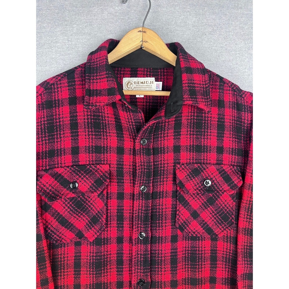 Bemidji Woolen Mills Mens Red Black‎ Plaid Wool Flannel Shirt Made in USA Large
